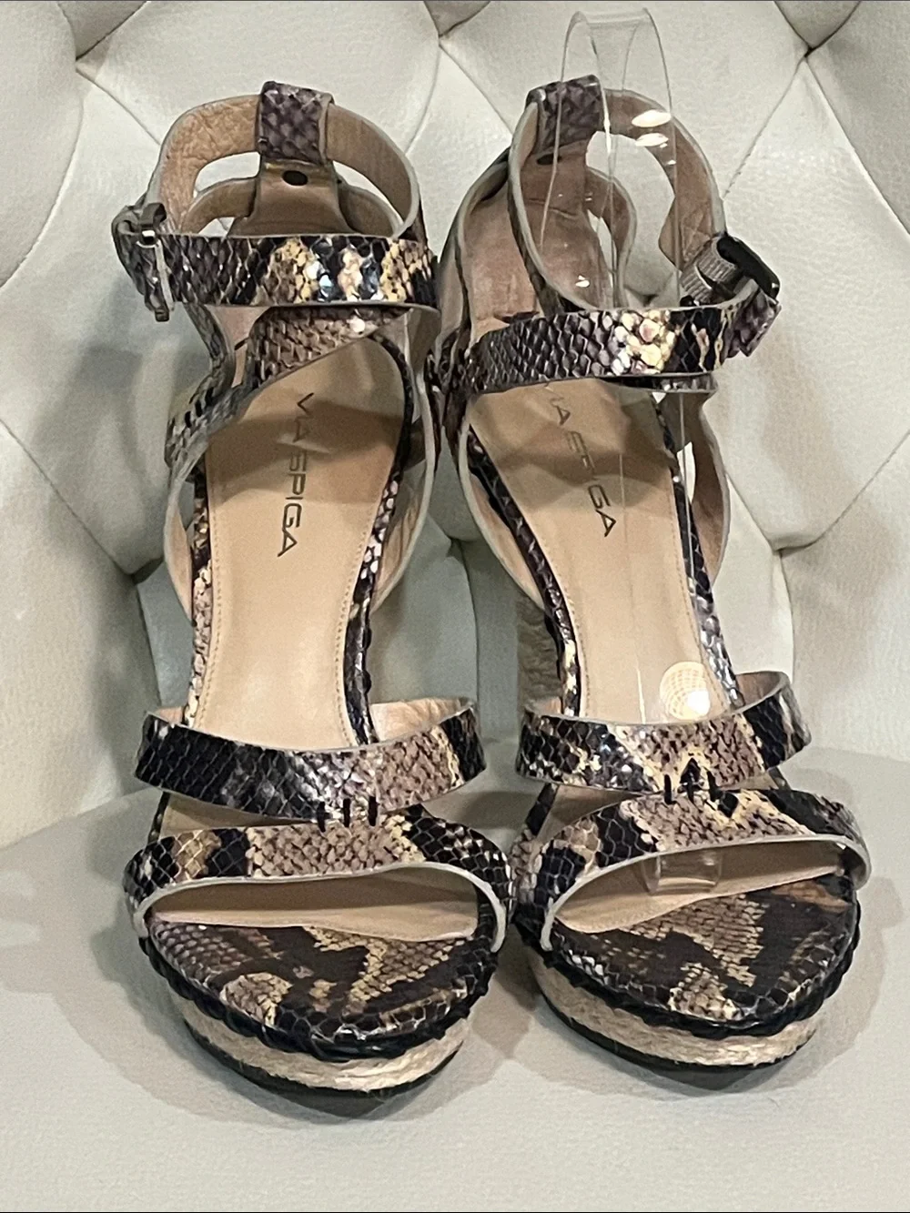 Via Spiga Snake-Print Brown Strappy High Heel Sandals Espadrille design Size 8